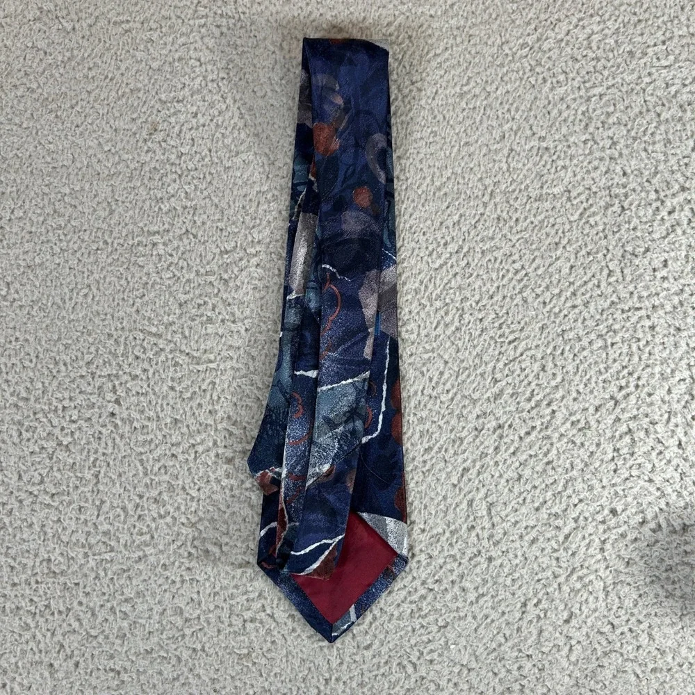 Vintage Towncraft Mens‎ Abstract Geometric Silk Feel Tie Blue Burgundy Gray 5145